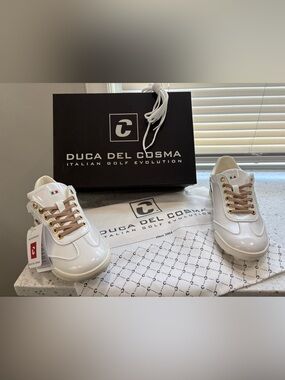 NIB Duca Del Cosma King Cheetah White Patent Golf Sneakers